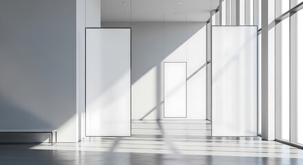 Obraz premium Modern Gallery Interior with Blank Frames and Natural Light Exposure