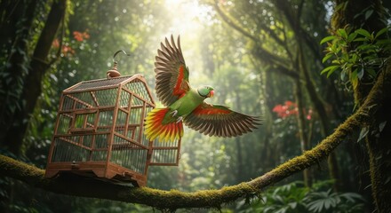 Parrot Taking Flight From Wooden Cage in Lush Rainforest