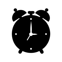 A simplistic black alarm clock illustration standing on a white background