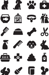 A collection of black pet care icons including dog, cat, grooming tools, cage, food bowl, bone, scissors, and vet symbols. Perfect for veterinary, grooming, and animal care designs.