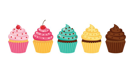 colorful cupcakes with various toppings and frosting flavors