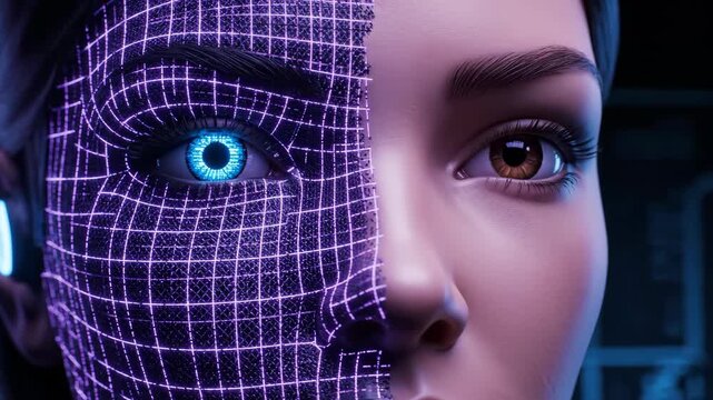 Futuristic close-up of a woman's face with digital overlay, showcasing a split between human and cybernetic features, with glowing blue eye and intricate purple grid pattern in a dimly lit environment