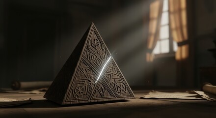 Intricate Wooden Pyramid with Ancient Carvings in a Dimly Lit Room