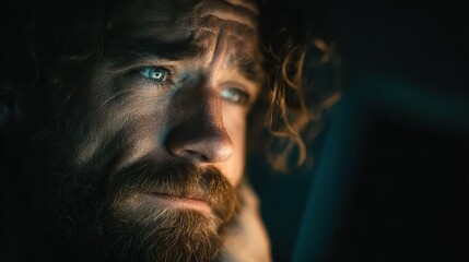 Man looks thoughtfully at a screen in a dimly lit room at night, illuminated by warm orange and blue light