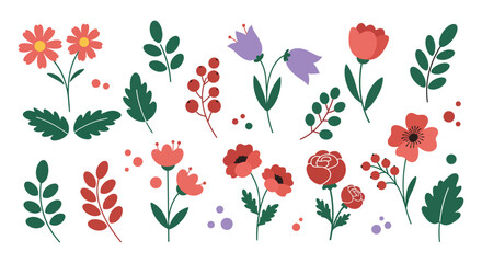 a variety of colorful flowers and green leaves illustrated