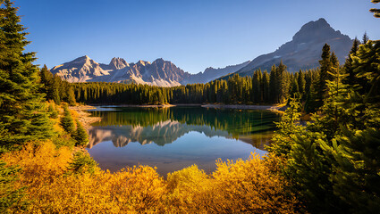Fototapeta premium Serene Mountain Lake Reflecting Majestic Peaks Amidst Autumn Foliage and Towering Evergreen Forests Bathed in Golden Sunlight