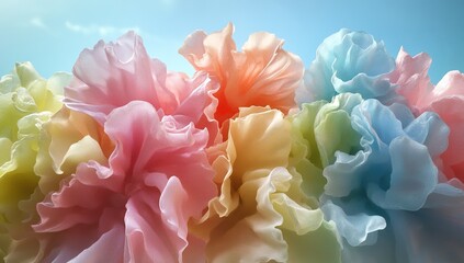 Fototapeta premium Colorful, multicolored, rainbow-colored ruffled floral clouds, cinematic, ethereal, volumetric lighting, extreme detail, high-resolution photography, hyper-realistic, cinematic photography, soft
