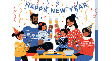 A joyful multiethnic family celebrates the arrival of a new year, toasting with drinks and enjoying festive food together at home.