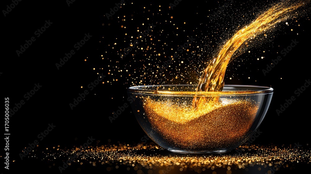 Aufkleber a vibrant image of golden glitter pouring into a clear bowl, creating a mesmerizing and sparkling vi