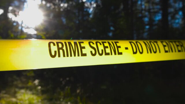 Close up descending view of bright yellow crime scene tape line set across bokeh sunny wooded area. Backlit police tape marking investigation site, sunlight filtering through tall shaded forest trees