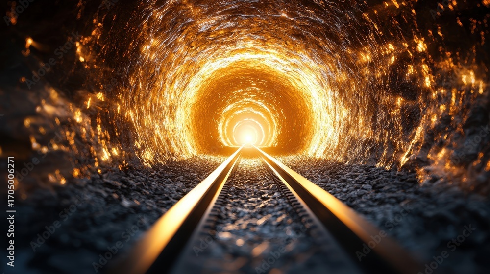 Poster a captivating view of a glowing tunnel with railroad tracks leading into a bright light, symbolizing