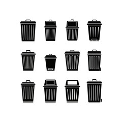 Collection of various black and white illustrations of different types of trash cans and bins, some with lids and pedal mechanisms, presented in a grid layout.