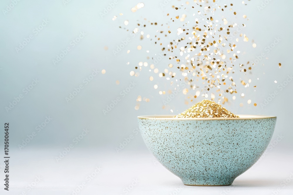 Poster a light blue bowl filled with sparkling golden particles, cascading in the air against a soft backgr