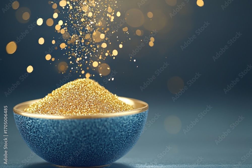 Poster a shimmering bowl filled with golden granules, surrounded by luminous particles, creating a magical 