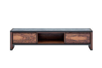 Modern wooden tv stand with two drawers and open shelf isolated on transparent background