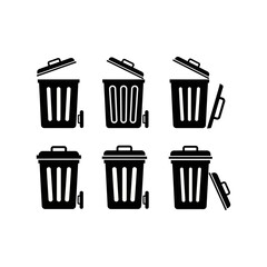 Six black and white illustrations of open and closed trash cans.