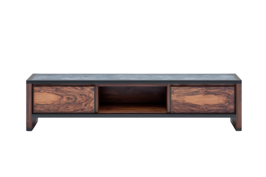 Modern wooden tv stand with two drawers and open shelf isolated on transparent background