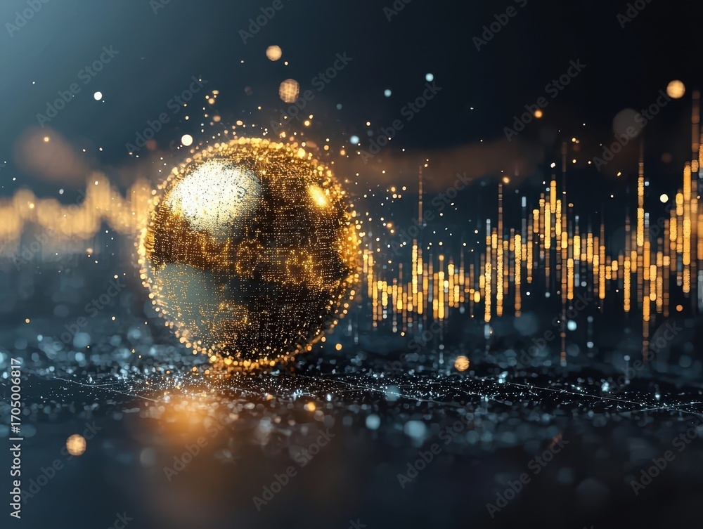 Poster a shimmering golden sphere surrounded by sparkling particles and a dynamic soundwave, creating a mes