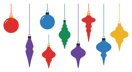 colorful ornaments hanging from strings in various shapes