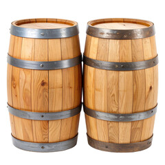 Obraz premium Two wooden barrels, side-by-side, light-colored wood, metal bands