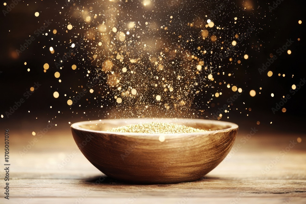 Poster a wooden bowl contains shimmering particles that scatter into the air, creating a magical, luminous 