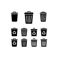 Collection of various black trash cans, some with recycling symbols, displayed in a grid format.