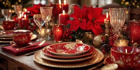Naklejka premium A festive holiday table setting with red and gold tableware, poinsettias, and candles, creating a warm and inviting atmosphere.