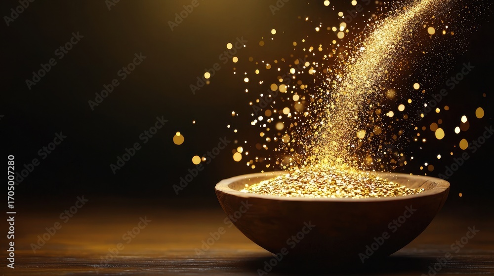 Poster a bowl of shimmering particles is cascading into a pool, creating a magical effect with a warm, gold