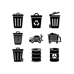 A collection of black and white vector icons representing various types of waste containers, including trash cans, recycling bins, a dump truck, a mine cart,...