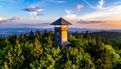 Wooden lookout tower on a mountaintop at sunset