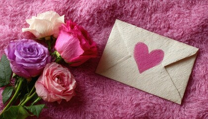 Roses and letter on pink fabric.  Heart on envelope