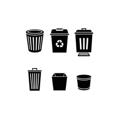 Collection of various black silhouette trash cans, showing different styles and features.