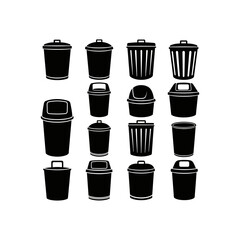 A collection of various black silhouette trash cans and waste receptacles on a white background.