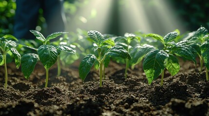 Young plants growing in rows in fertile soil. Sunlight streams down
