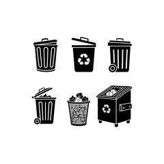 Collection of six black and white vector illustrations depicting various styles of trash cans and recycling bins, some filled with waste.