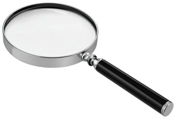 A magnifying glass, clear lens, metallic frame, black handle