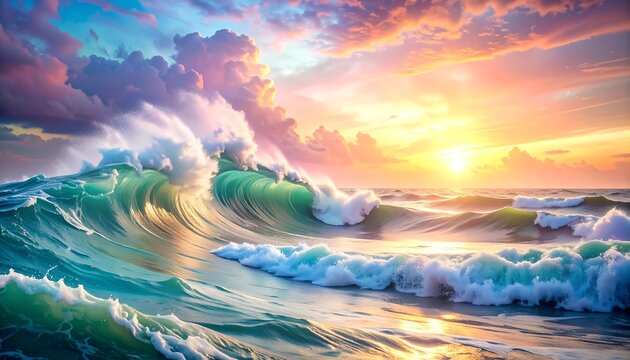 Vibrant sunset over crashing waves