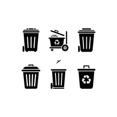 Collection of six stylized black icons representing various types of trash cans and recycling bins, some with wheels and lids, illustrating waste management and disposal.