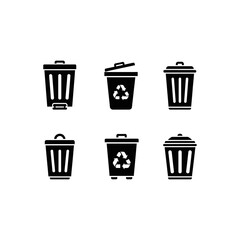 Six black and white vector illustrations of various trash cans and recycling bins with different lid and design styles.