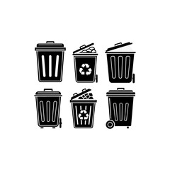 Set of six black silhouette icons of trash cans, including open, closed, overflowing, and wheeled bins.