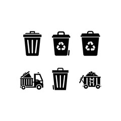 Waste disposal icons: trash cans, recycling bins, garbage trucks.