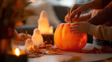 Family hands decorating pumpkin, cozy living room, soft ghost decorations table, warm orange lighting pumpkin lamp, Halloween activity, seasonal tradition, home crafting, emotional connection moment.