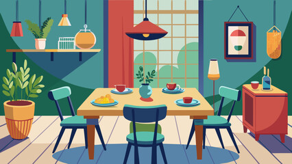 Cozy dining room scene with table chairs and plants
