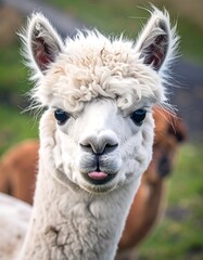 Fototapeta premium Fluffy white alpaca with visible tongue