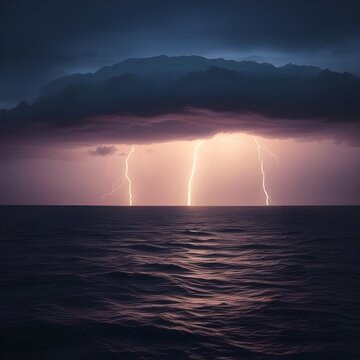 Thunderstorm rolling above wide ocean, lightning striking horizon.