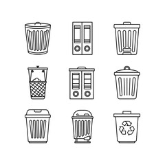 A set of nine black and white outline icons illustrating various types of trash cans, wastebaskets, and recycling bins.