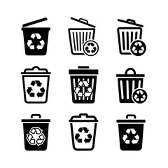 A collection of nine distinct black and white icons representing various styles of trash cans and recycling bins, each featuring the universal recycling symbol.
