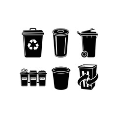 A collection of six different black and white vector illustrations of various trash cans and recycle bins, some with recycling symbols.