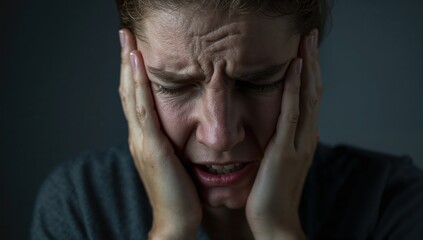 Close up of an anxious woman holding her face featuring both hands, showing visible distress and tension indoors under dim lighting, capturing the intensity of the panic attack