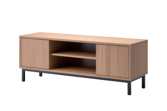 Modern wooden media console with black legs isolated on transparent background - Powered by Adobe